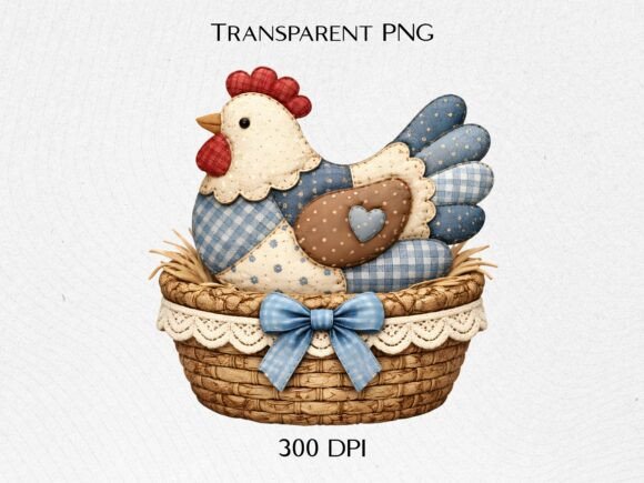 Blue Patchwork Chicken PNG for Spring Crafts