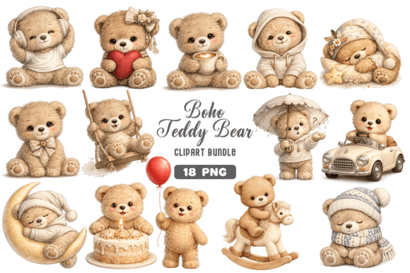 Boho Teddy Bear Clipart PNG Bundle