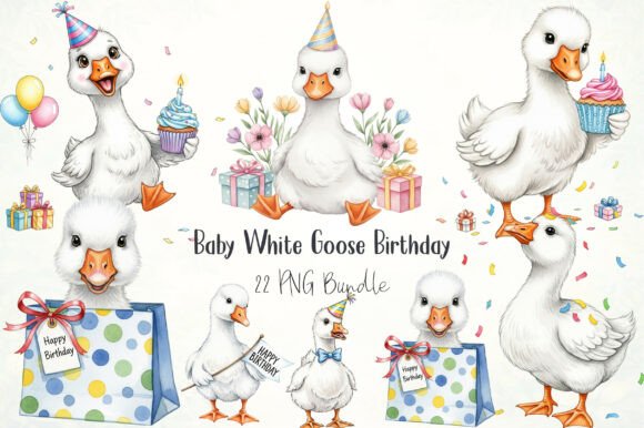 Charming Watercolor Baby White Goose Birthday PNG