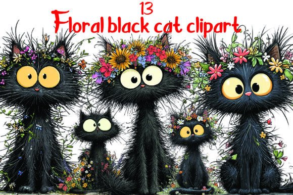 Floral Black Cat Clipart for Creative Projects