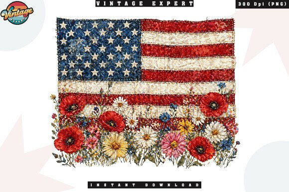 Patriotic Floral Flag Patchwork PNG Design