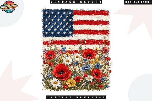 Patriotic Wildflowers Patchwork PNG: Blending Rustic Charm with American Spirit